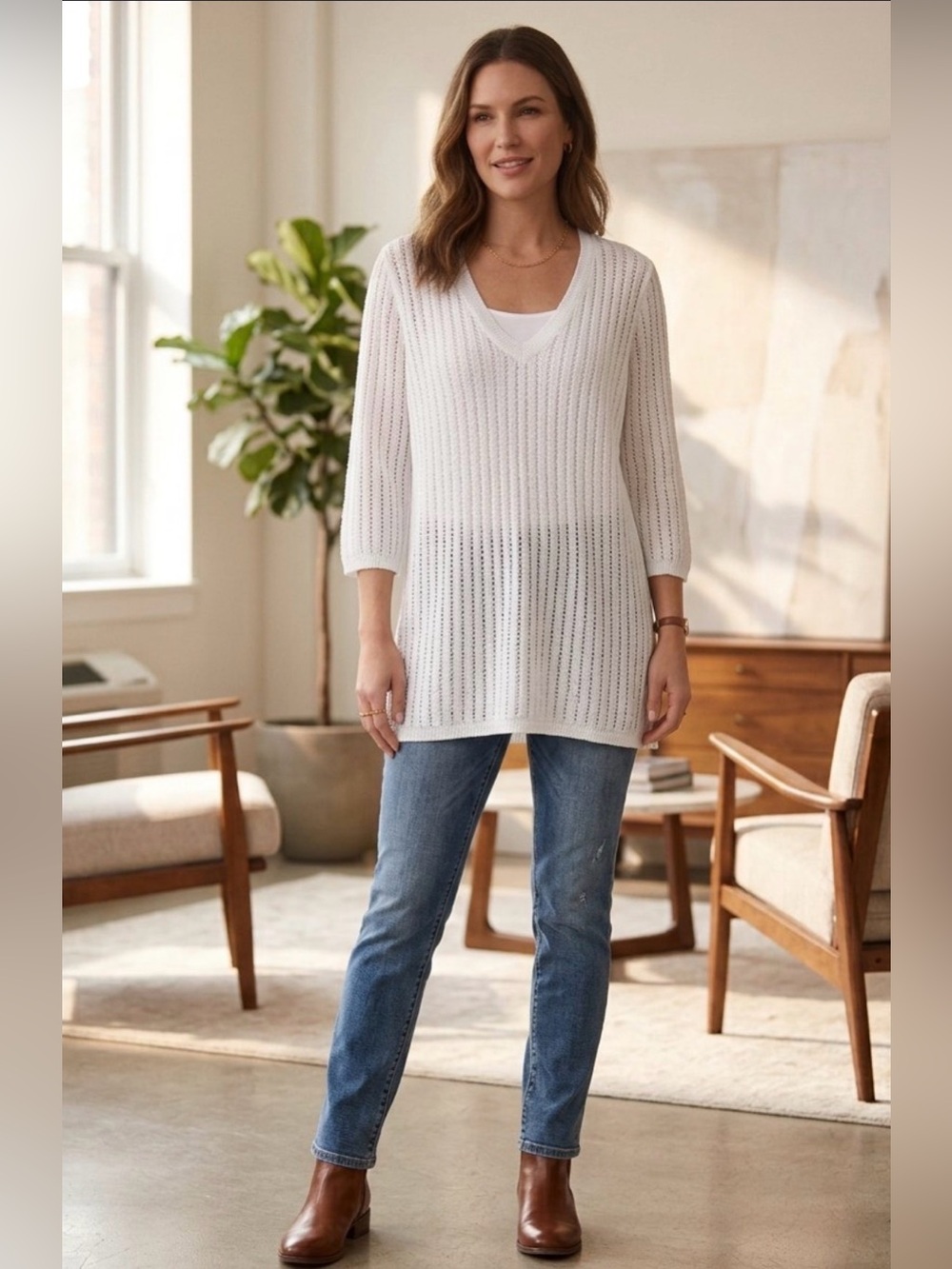 J Jill White Textured Pullover Sweater 1X Open Stitch Crochet Look Coastal